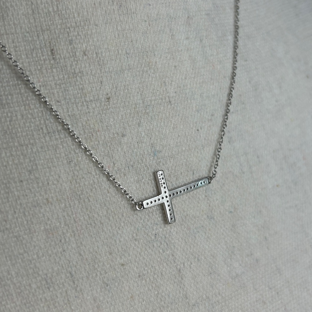 Sterling Silver Sideways Cross Necklace Dainty Clear Crystals Stamped 925 18"L - Picture 6 of 12